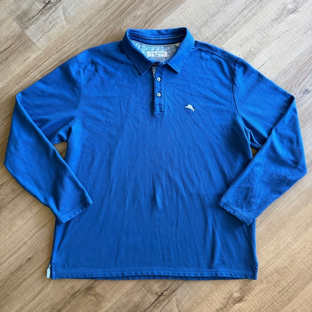 Tommy Bahama IslandZone Mens XL Blue Long Sleeve Polo Shirt ST227212 Pique Knit